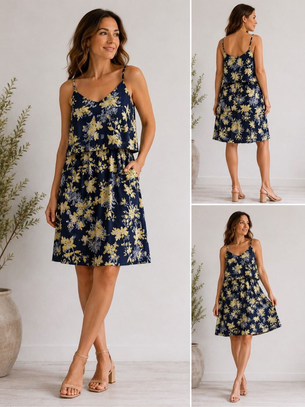 La Redoute Edition Floral Slip Dress Navy Yellow Strappy Layered Size US 6